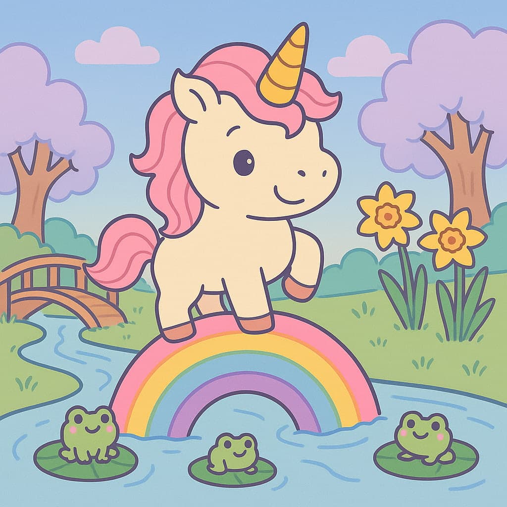 Licorne joyeuse sur un pont au-dessus d'un ruisseau avec des nénuphars