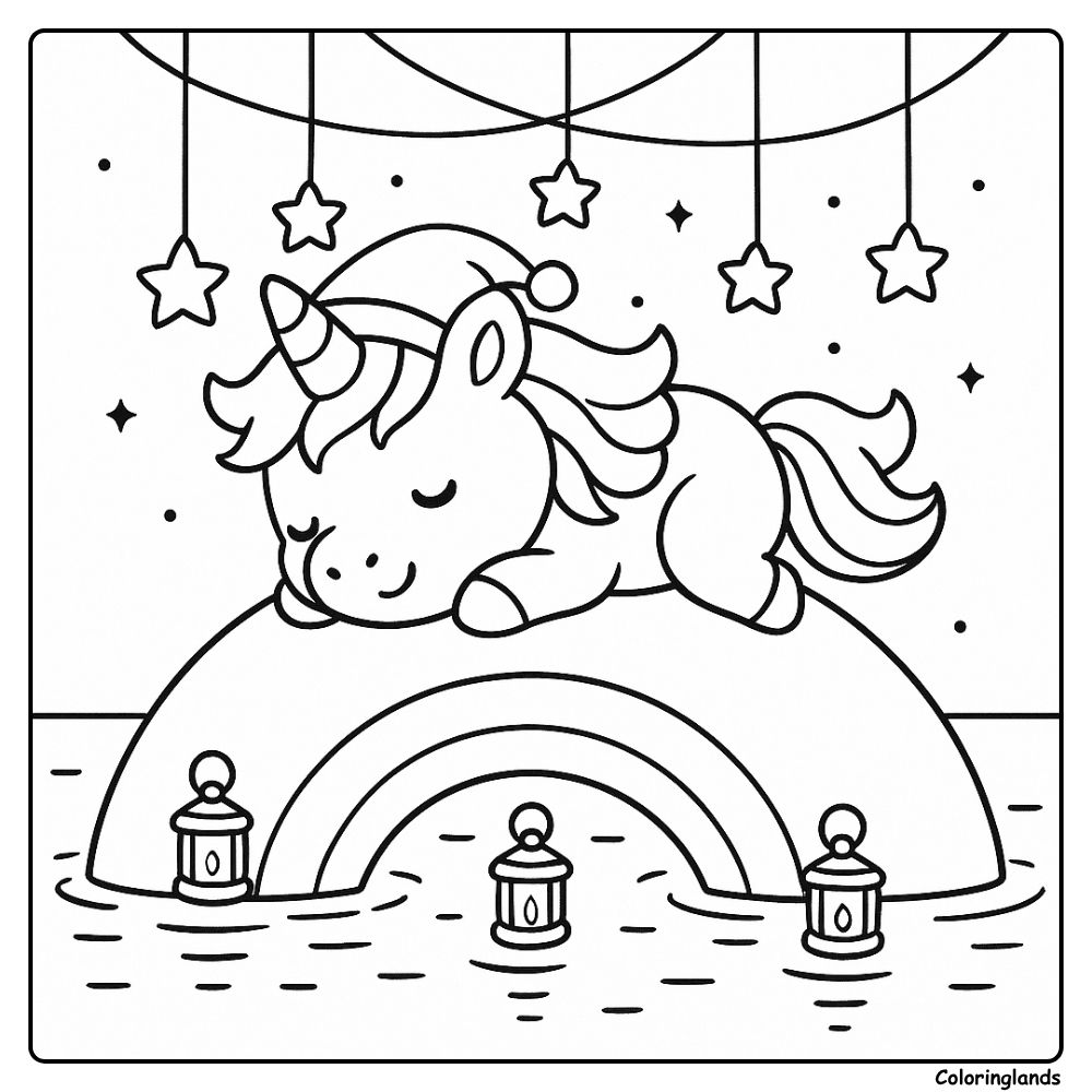 Coloriages de bébé licorne arc en ciel sur un pont lumineux