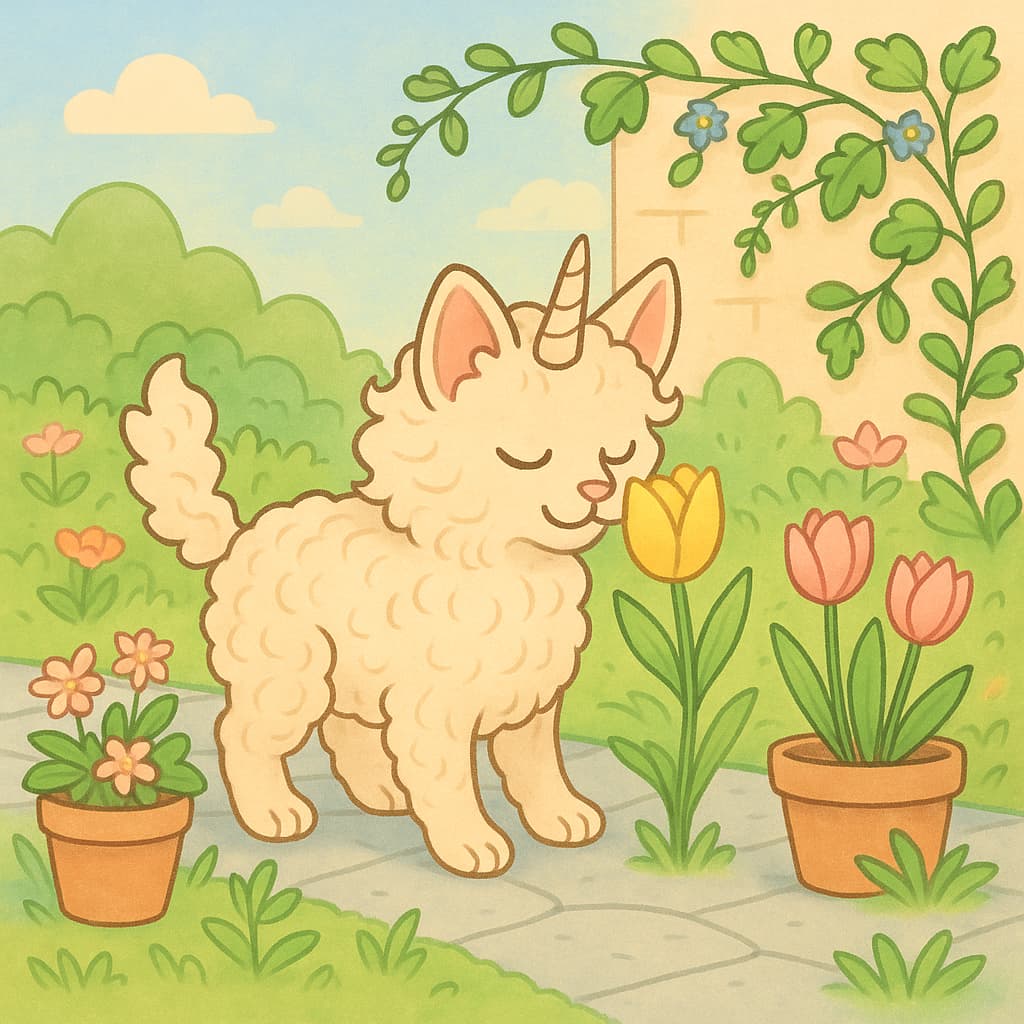 Dessin de chat licorne sentant les tulipes