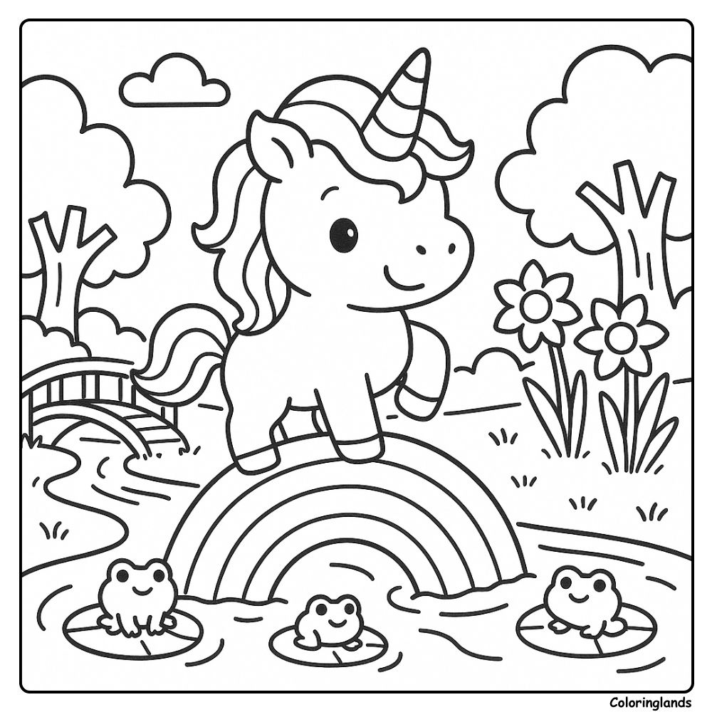 Coloriage licorne arc en ciel près d'un ruisseau avec nénuphars