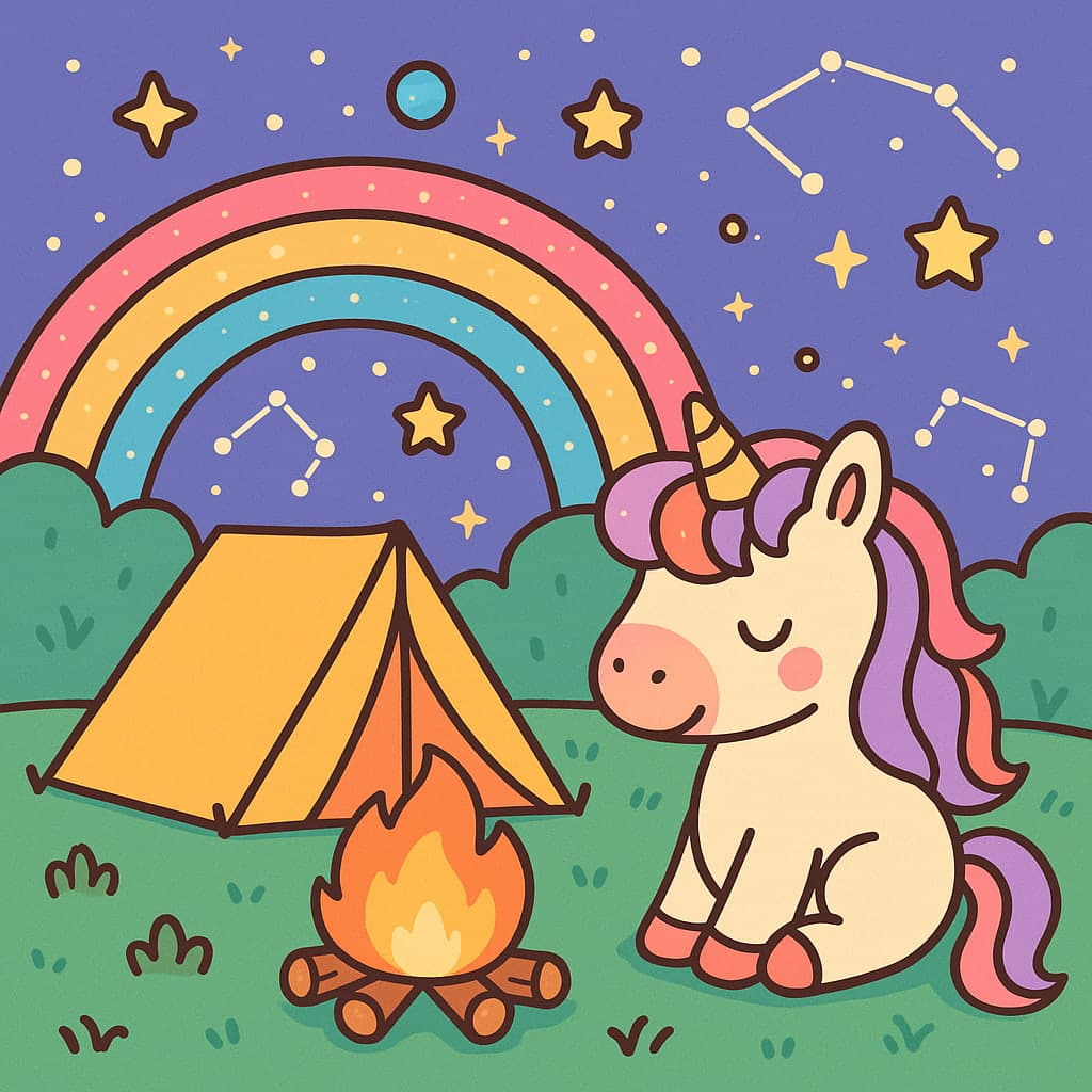 Dessin de licorne arc-en-ciel en camping sous les étoiles