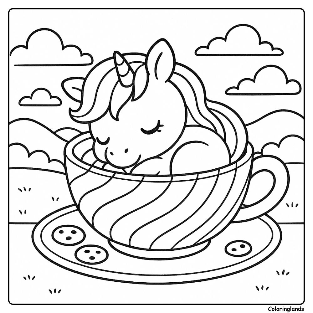 Coloriages de bébé licorne arc en ciel reposant dans une tasse mignonne