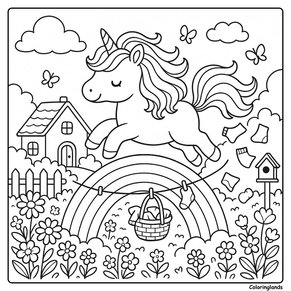 Coloriage de licorne sautant par dessus un arc en ciel dans un jardin animé