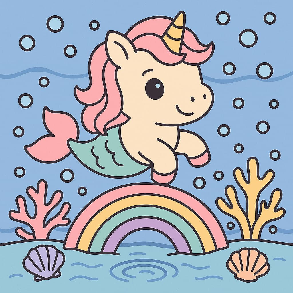 Dessin de licorne de mer arc-en-ciel nageant sur un arc de corail