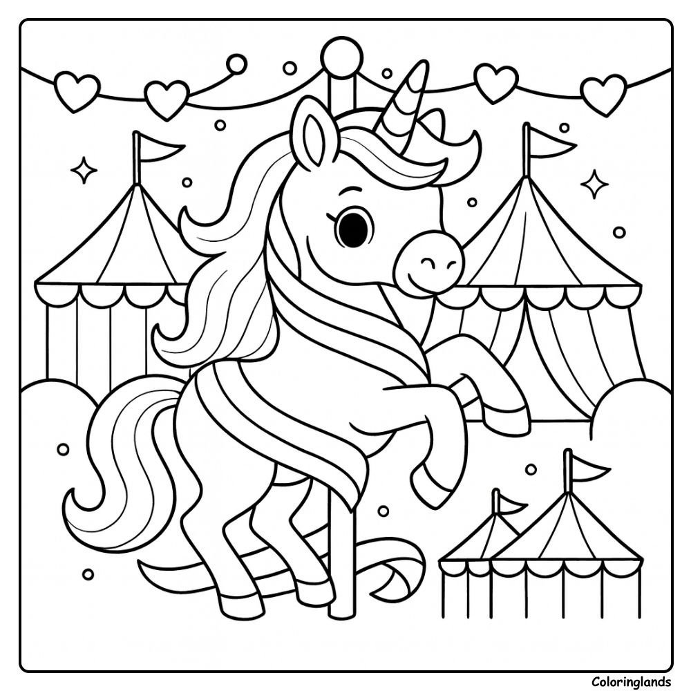 Coloriage licorne arc en ciel avec tentes et lumières en forme de cœur