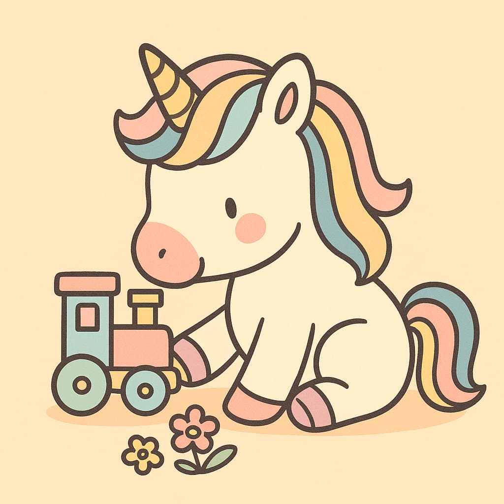 Dessin de licorne jouant avec un train magique