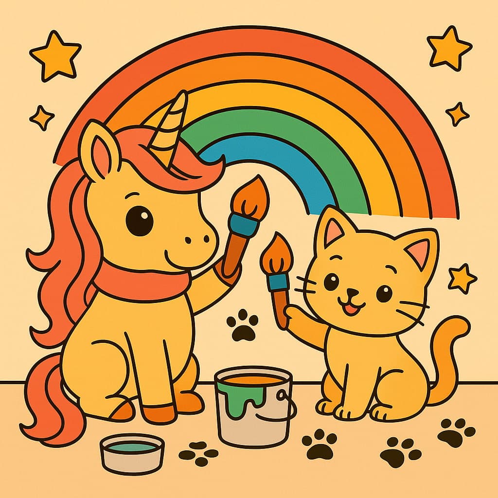 Dessin de licorne arc-en-ciel où un chat aide à peindre des arcs lumineux