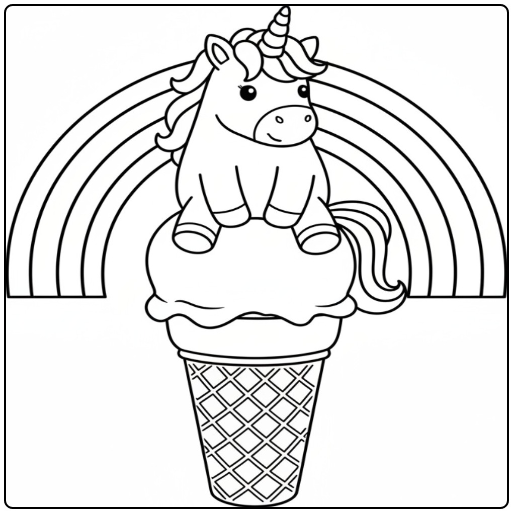 Image de coloriage glace licorne assise sur une glace
