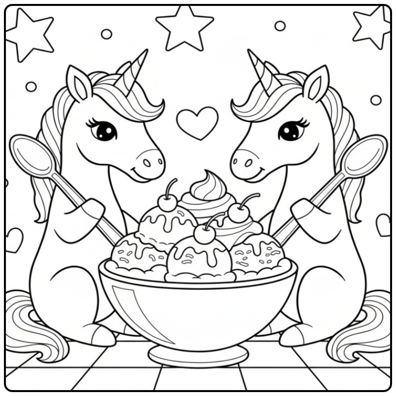 Un coloriage glace licorne amusant avec des étoiles et un coeur.