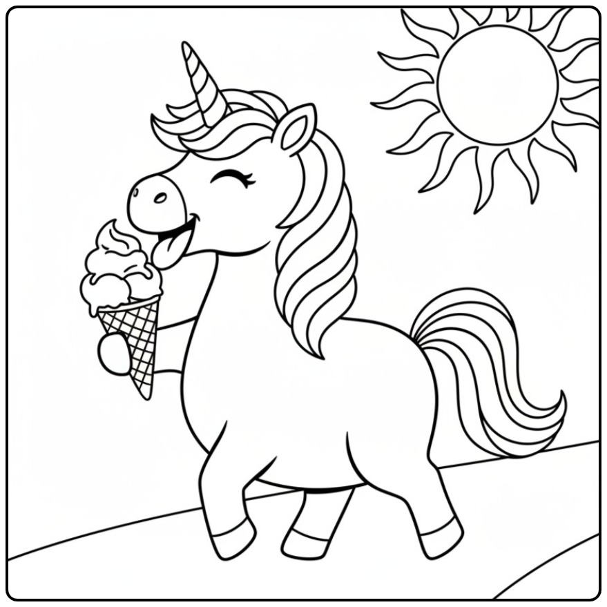 Licorne mange glace. Coloriage glace licorne amusant et magique.