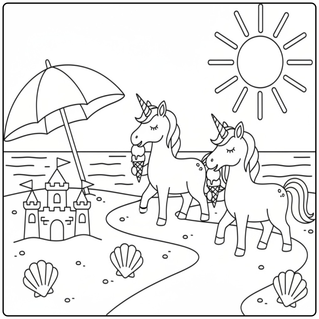 Coloriage glace licorne plage et château sable