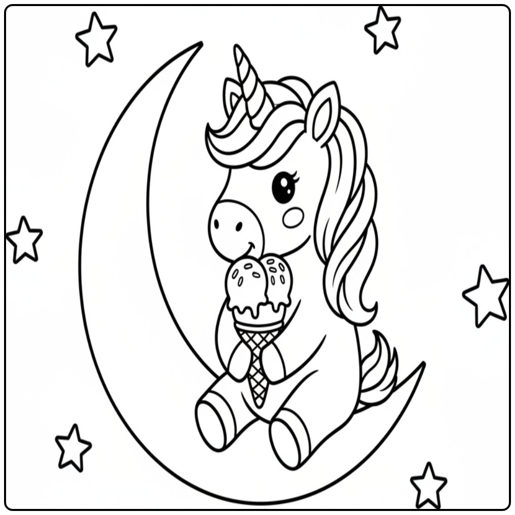 Adorable coloriage glace licorne sur la lune, prêt à colorier !