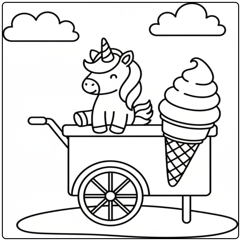 Dessin licorne et glace, coloriage glace licorne mignon!