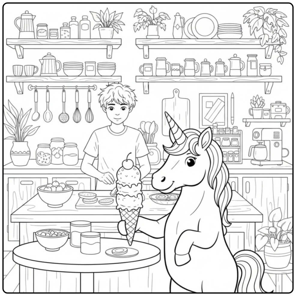 Dessin licorne avec glace : coloriage glace licorne magique !