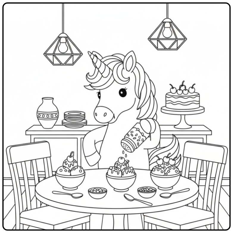 Image de coloriage glace licorne magique et gourmande!