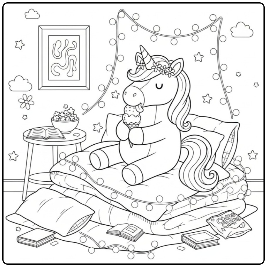 Image mignonne: coloriage glace licorne dans sa chambre douillette.