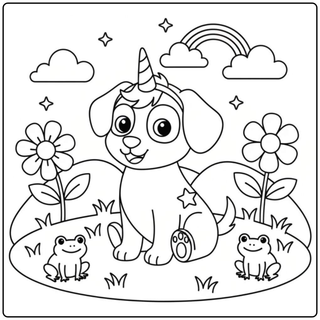 Coloriage chien licorne mignon entouré de fleurs et de grenouilles.