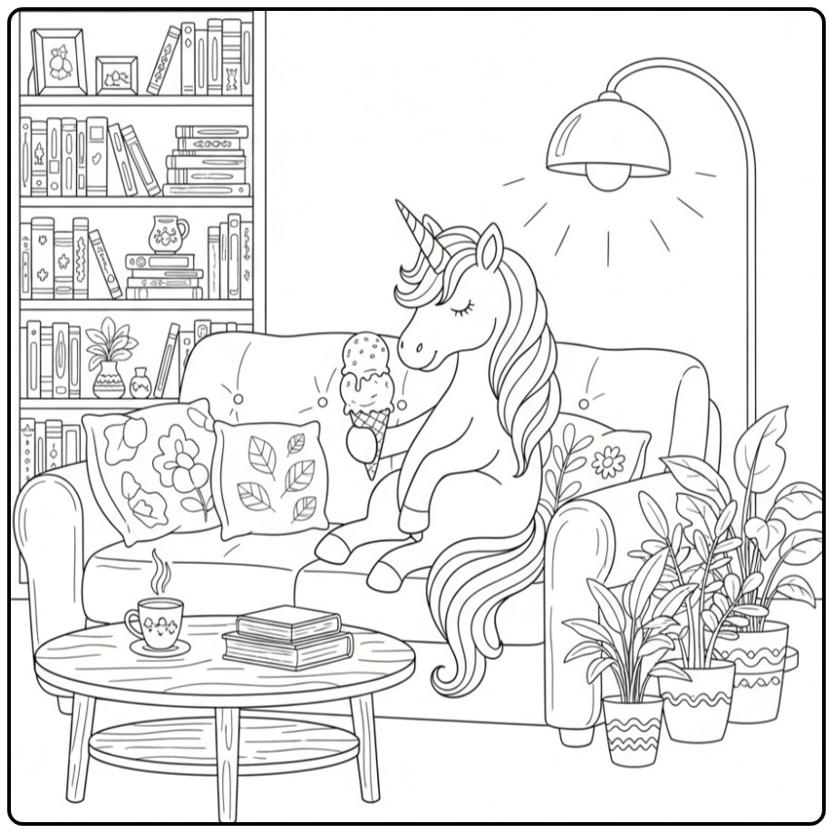 Coloriage glace licorne rêveuse sur un canapé confortable