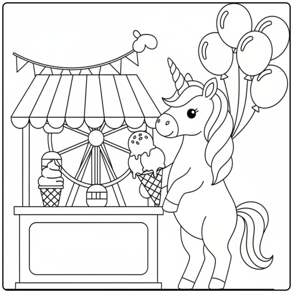 Page de coloriage glace licorne. Une journée magique!