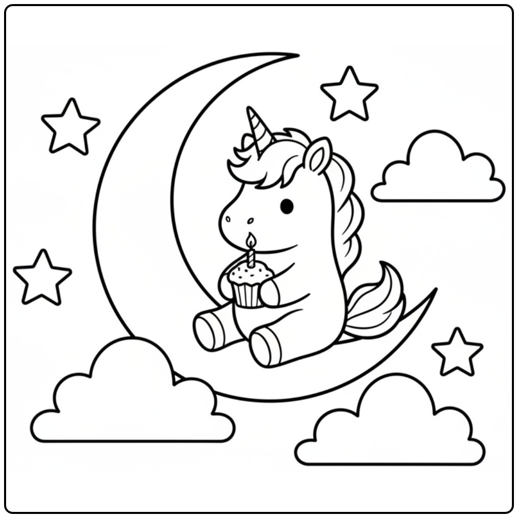Un coloriage licorne anniversaire sur la lune, avec un gâteau.