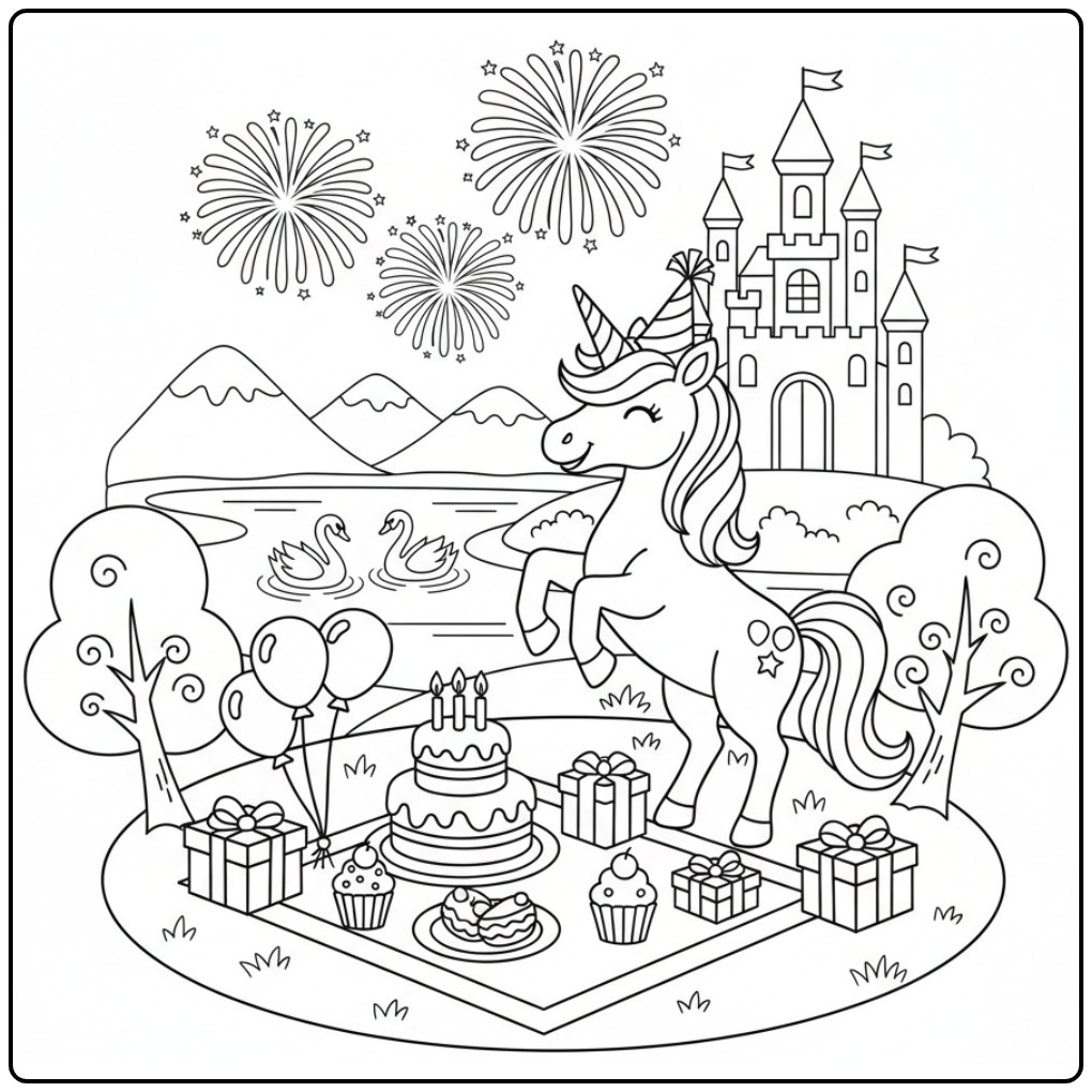 Prépare ton coloriage licorne anniversaire, une fête enchantée t'attend.