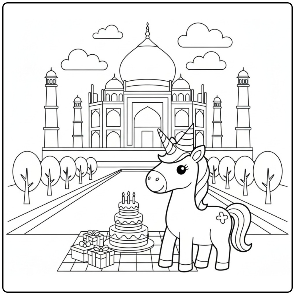 coloriage licorne anniversaire: fête devant le Taj Mahal, gâteau