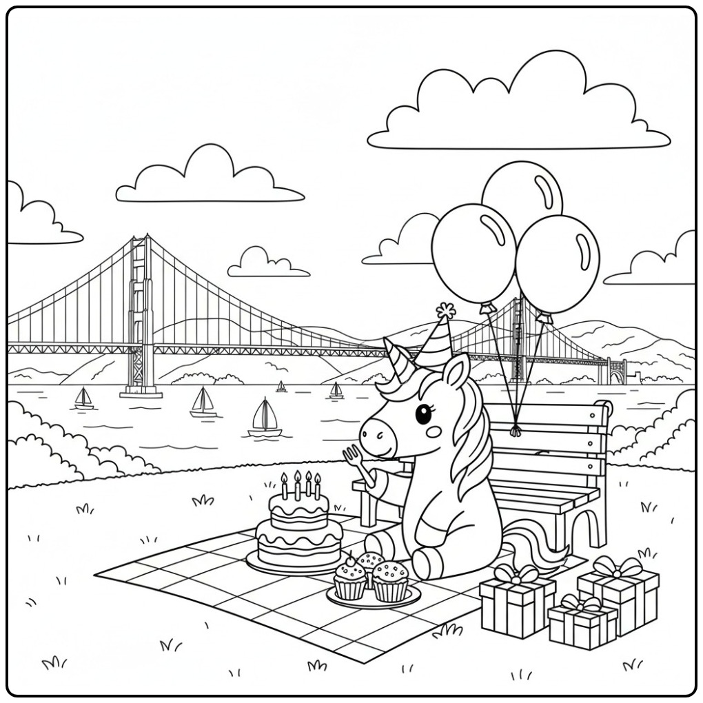 Coloriage licorne anniversaire: fête avec gâteau et cadeaux.