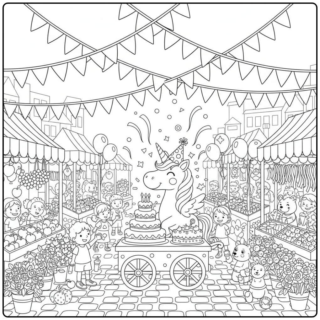 Un joyeux coloriage licorne anniversaire à la fête du marché