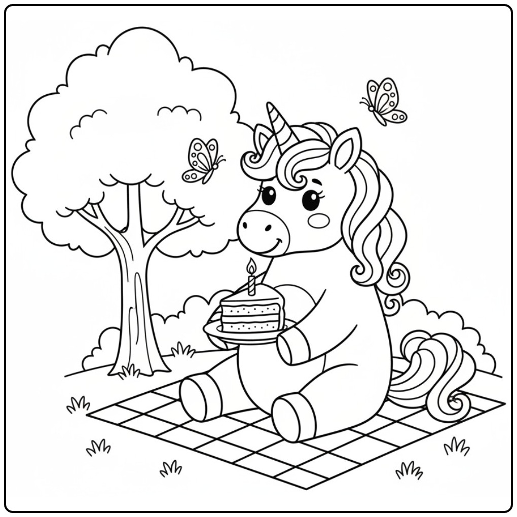 Coloriage licorne anniversaire: pégase avec gâteau et papillons.