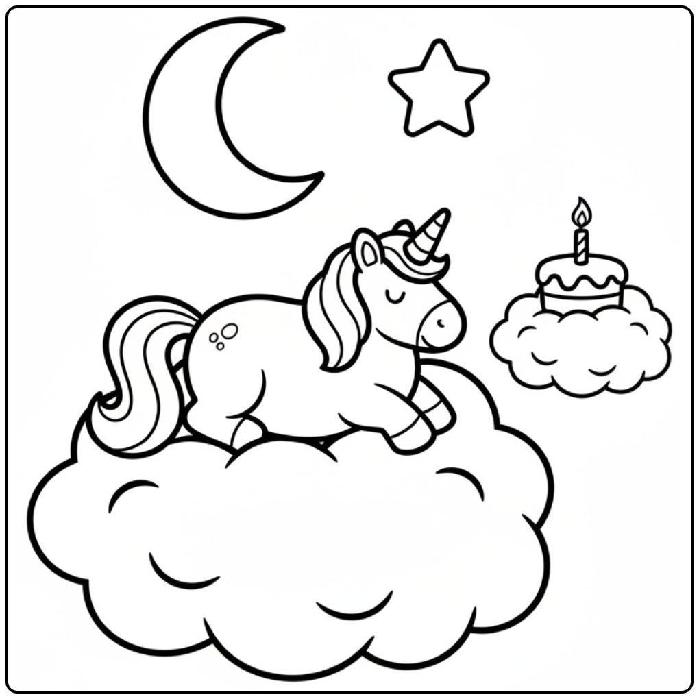 Coloriage licorne anniversaire: licorne paisible sur nuage.