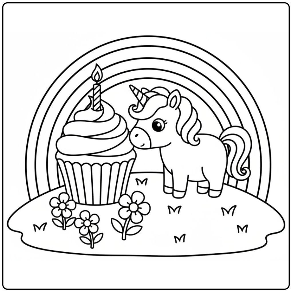 Image de coloriage licorne anniversaire avec cupcake et arc-en-ciel.