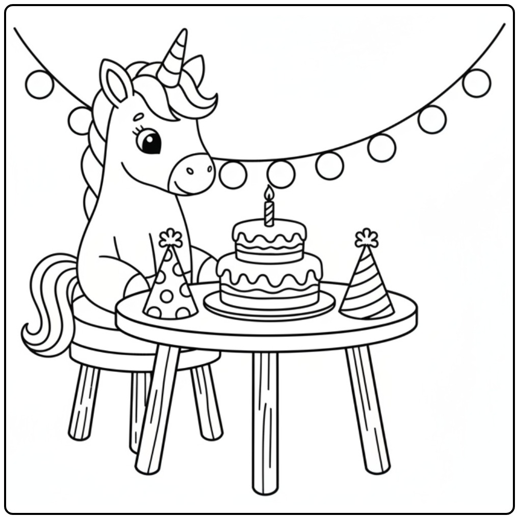 Joli coloriage licorne anniversaire avec gâteau et chapeaux.