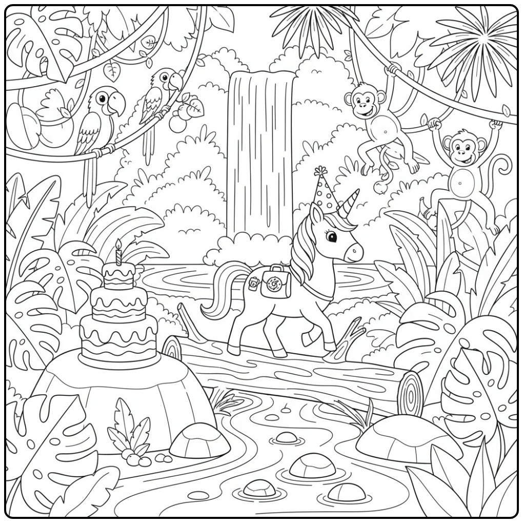 coloriage licorne anniversaire: fête dans la jungle, gâteau, animaux