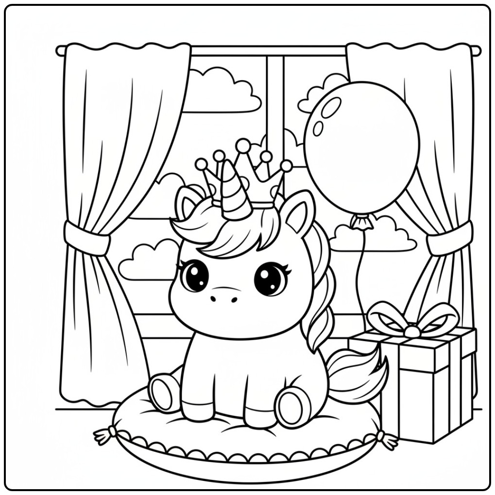 Coloriage licorne anniversaire avec couronne, ballon et cadeau.