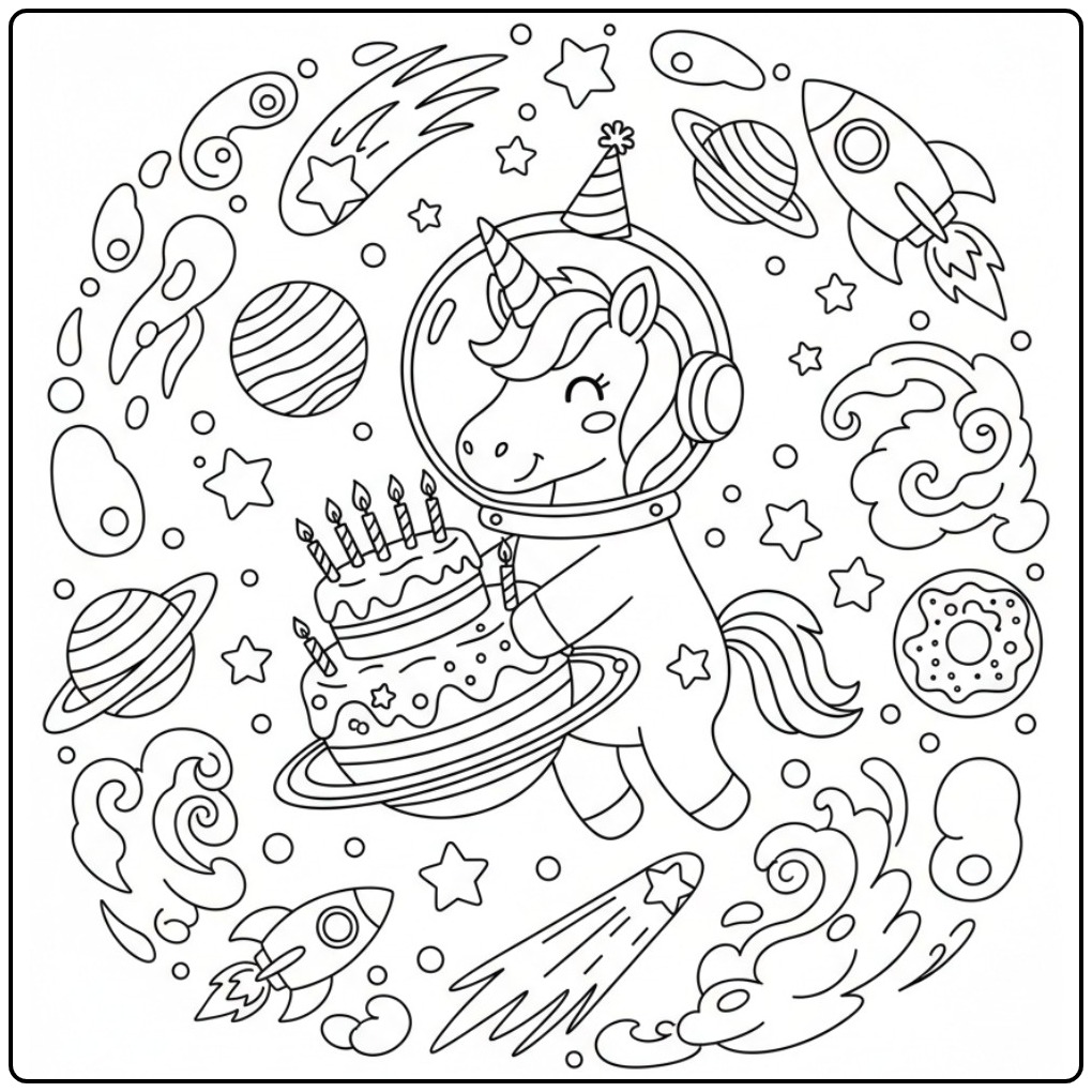 Coloriage licorne anniversaire astronaute tient un gâteau spatial.