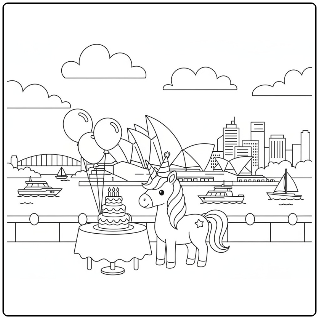 Un coloriage licorne anniversaire avec gâteau et ballons à Sydney.