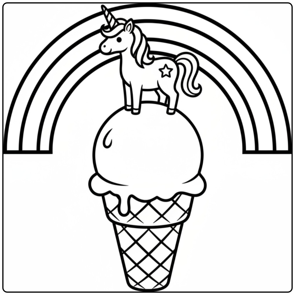 Image mignonne coloriage glace licorne sur cornet. Amusez vous !