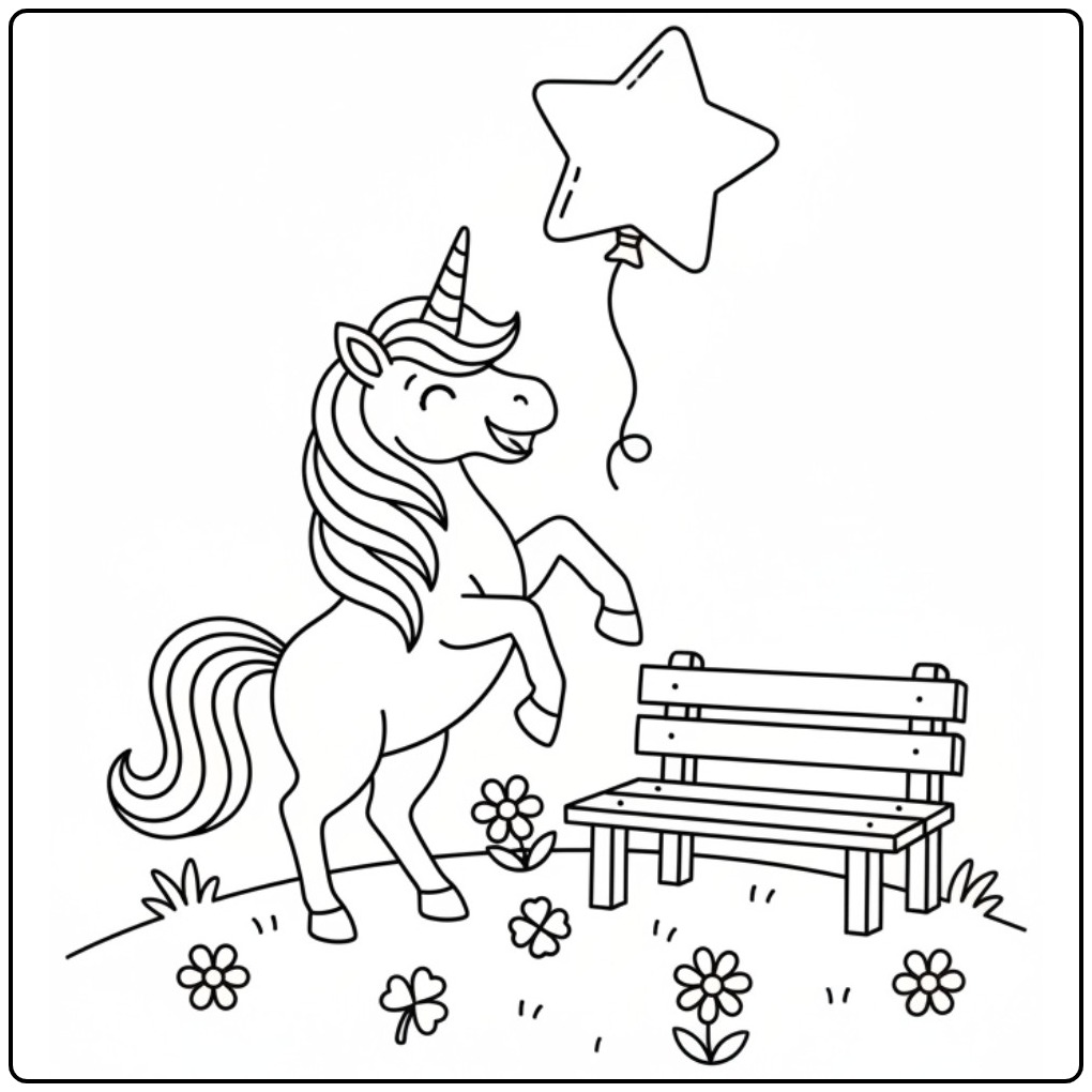 Coloriage licorne anniversaire avec ballon étoile et banc.