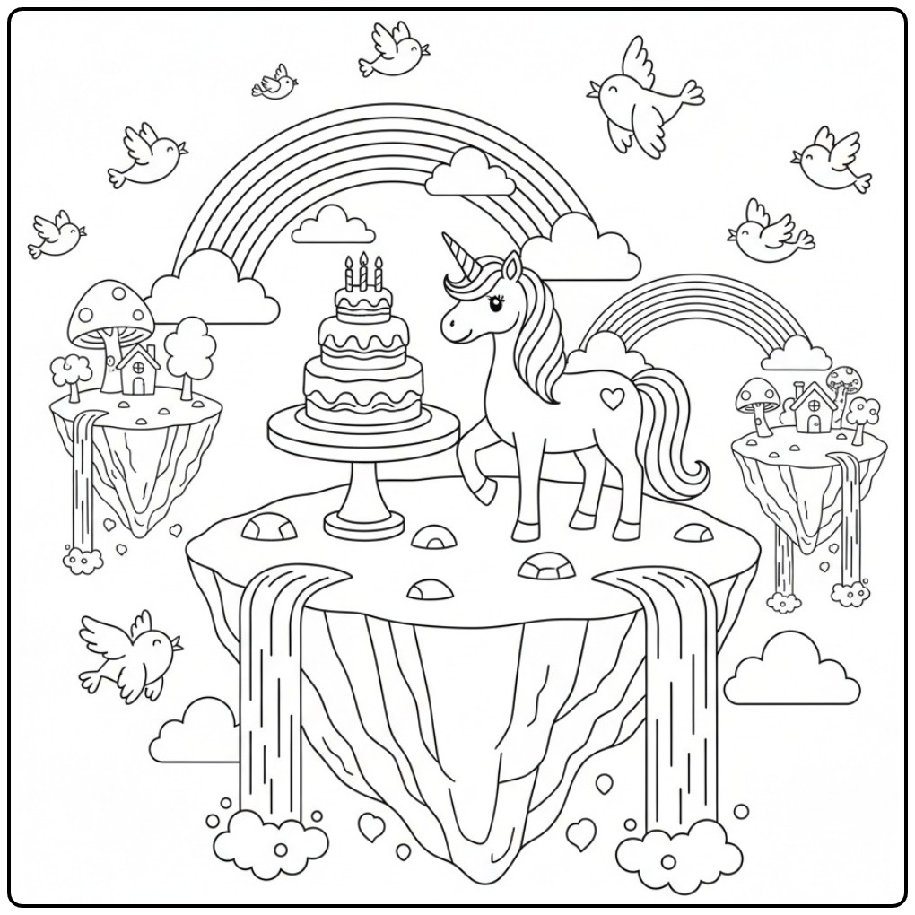 Coloriage licorne anniversaire magique avec gâteau et cascades.