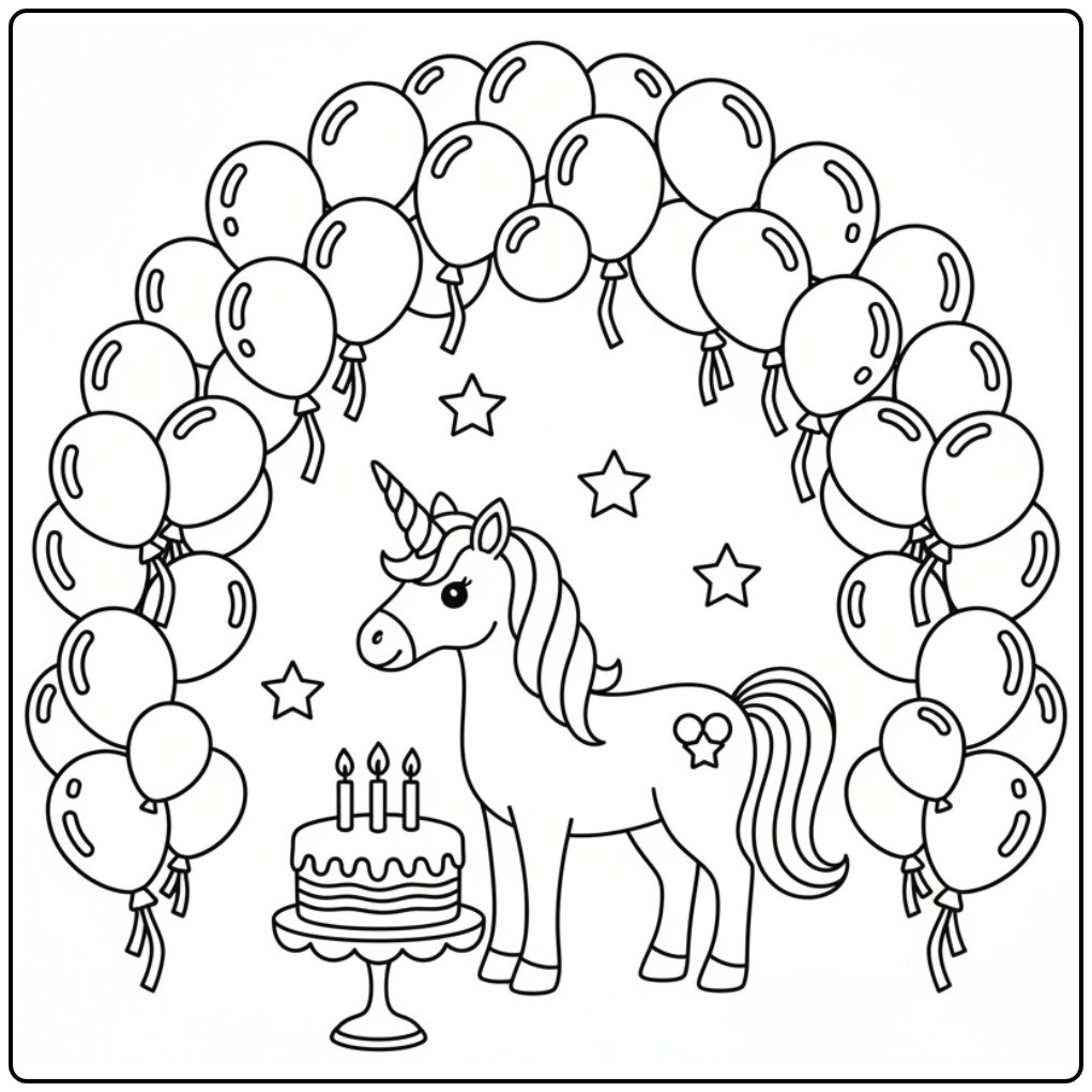 Adorable coloriage licorne anniversaire avec gâteau et ballons
