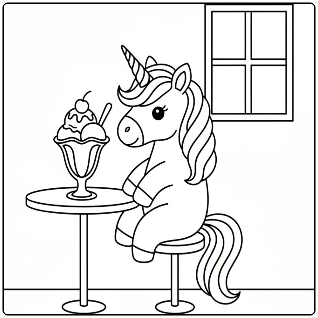 Dessin coloriage glace licorne. Une pause gourmande et magique!
