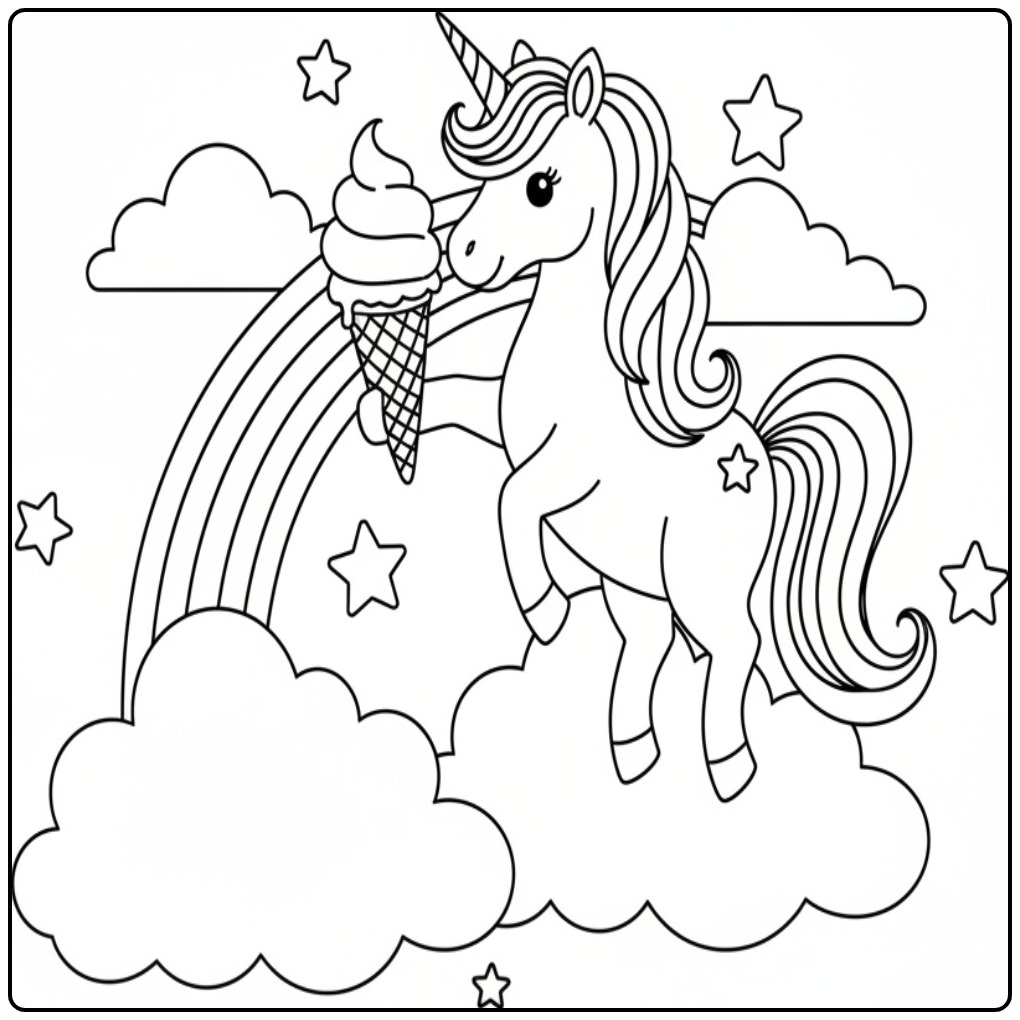 Dessin coloriage glace licorne magique et etoiles. Amuse toi!