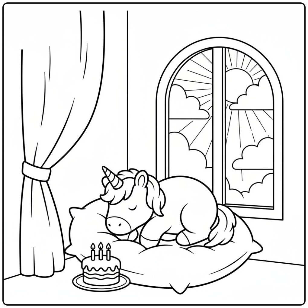 coloriage licorne anniversaire dormant sur un oreiller avec un gâteau