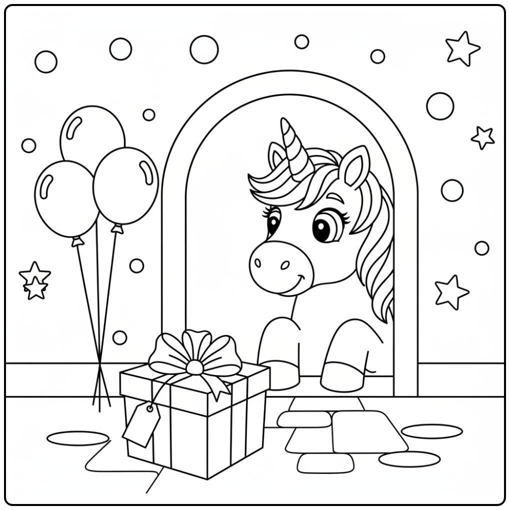 Coloriage licorne anniversaire amusant avec cadeau et ballons.