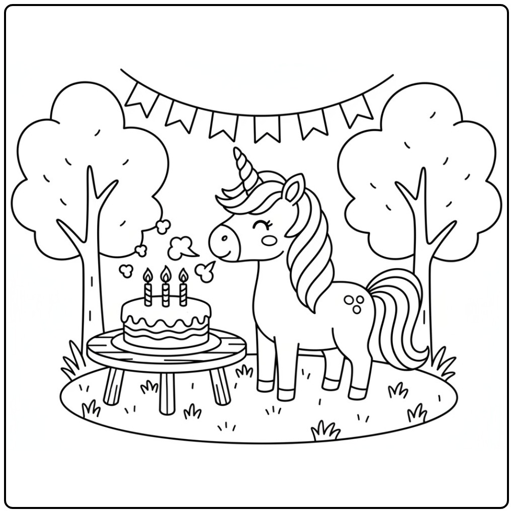 Coloriage licorne anniversaire, souffle les bougies du gâteau.