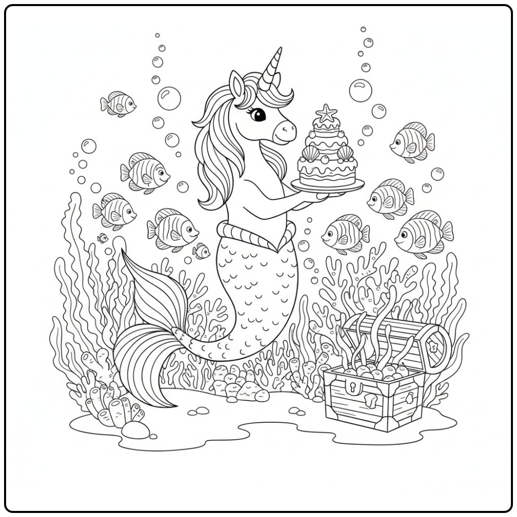 Coloriage licorne anniversaire: unimermaid festive avec gâteau sous l'eau.