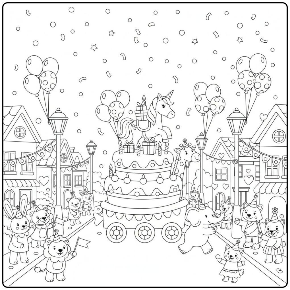 Coloriage licorne anniversaire: joyeux défilé avec un gâteau géant