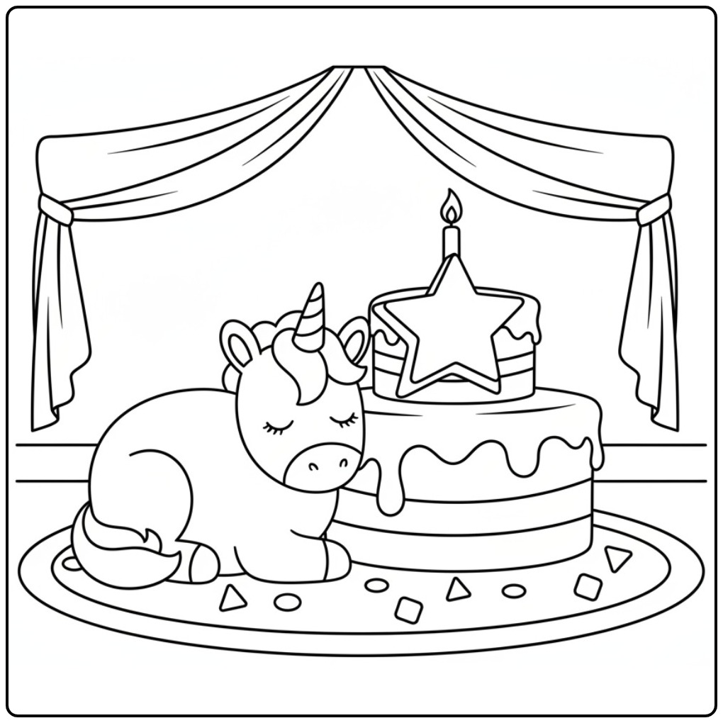 Coloriage licorne anniversaire: une licorne et un gâteau festif.