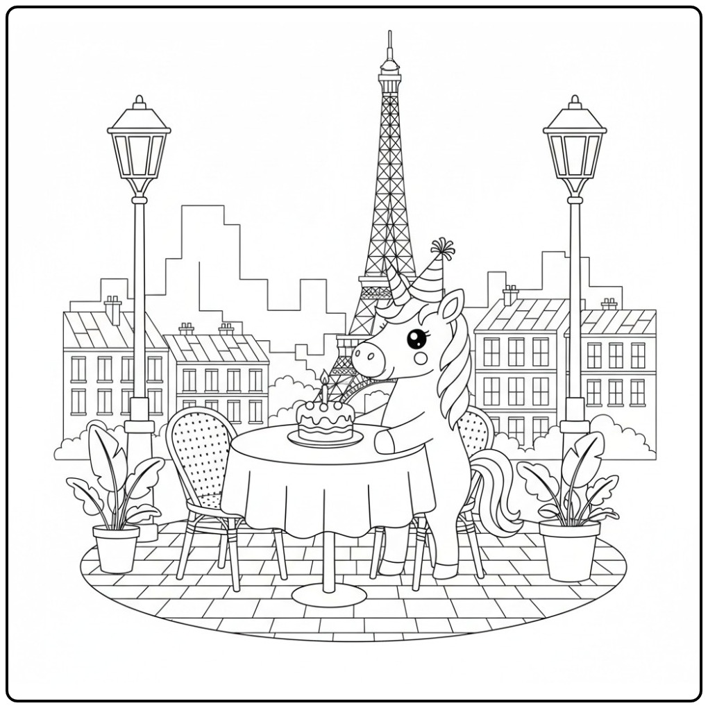 coloriage licorne anniversaire à Paris, une fête devant la Tour Eiffel.