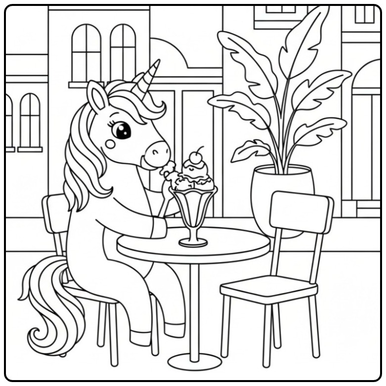 Dessin licorne mangeant glace. Coloriage glace licorne magique!